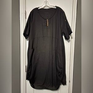 Black Short Sleeve Button Pocket Dress XL
